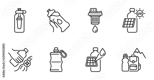 Foto Water Bottle Icons Set, Hydration Gear Vector Graphics, Outdoor Adventure Equipm