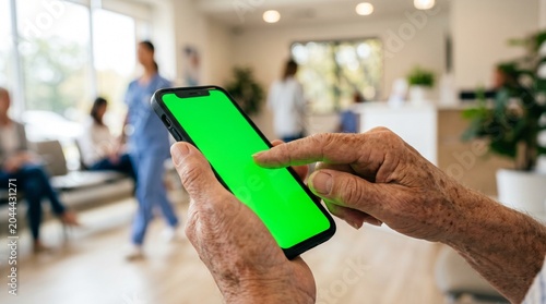 Senior Person Using Smartphone with Green Screen in Hospital Waiting Room