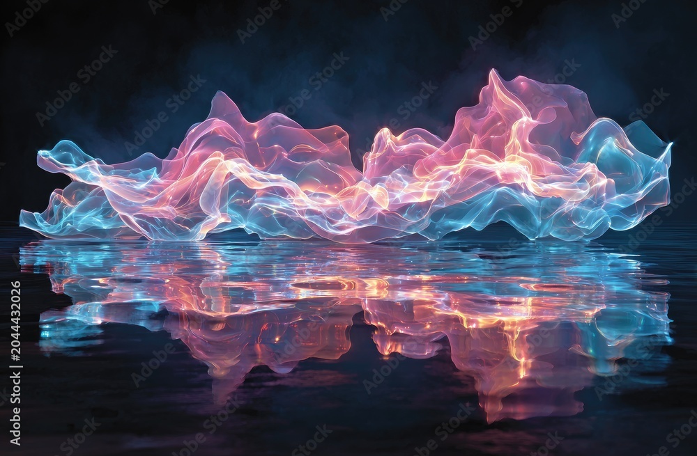 Fototapeta premium Ethereal glowing fabric in pink and blue reflects on water