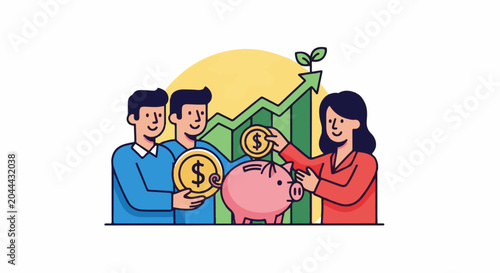 People depositing coins into a piggy bank with growth chart