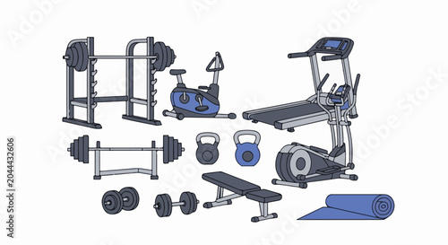 A collection of various gym equipment for a home workout space