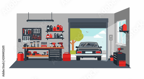 A car in a garage with tools and fluids for maintenance