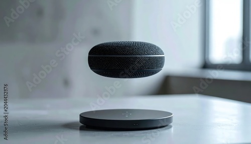 Black Levitating Smart Speaker Hovering Above Charging Base on Minimal Desk