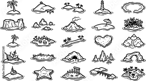 Black and White Line Art Hand-drawn Travel and Nature Islands Collection. Doodle Geographic Elements for Map and Game Design