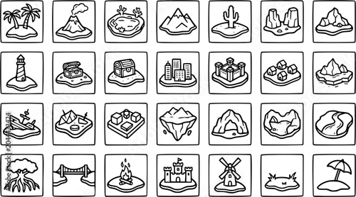 Gaming  Map Design Black  White Line Art Icons Set - Hand Drawn Terrain, Landmark, and Adventure Game Assets Collection.