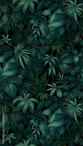 Seamless Tropical Nature and Foliage Pattern with Lush Green Leaves Background Design