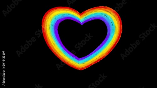 Rainbow color linear heart create seamless loop on black. Hand drawn cute texture cartoon crazy animation cartoon style frame by frame classic crayon paint old style animated dynamic background.

