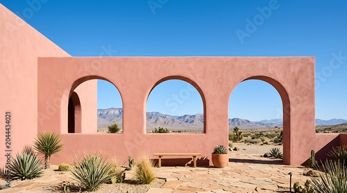 Desert architectural arches framing distant mountain landscape under clear blue sky