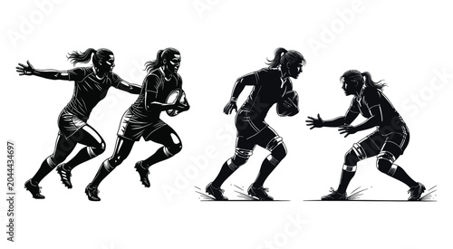 Female rugby players silhouette set against a white background dynamic action poses