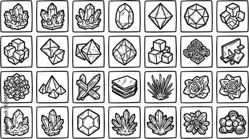 Tableau sur toile Black and White Line Art Icons of Gemstones and Crystals, Mineral Collection Vec