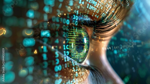Close up of a cybernetic eye composed of green blue pixels and binary code on a navy background
