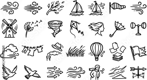 Foto Black and White Line Art Icons: Comprehensive Wind and Weather Phenomena Collection