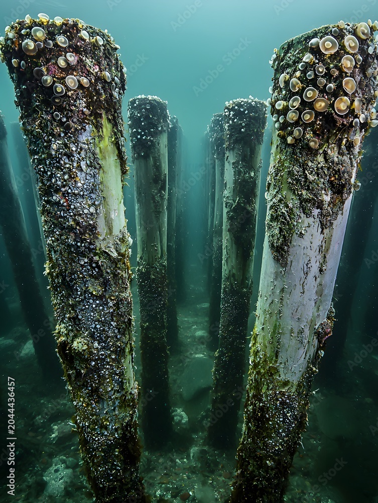 Obraz premium Wooden Pier Posts Underwater Covered with Barnacles