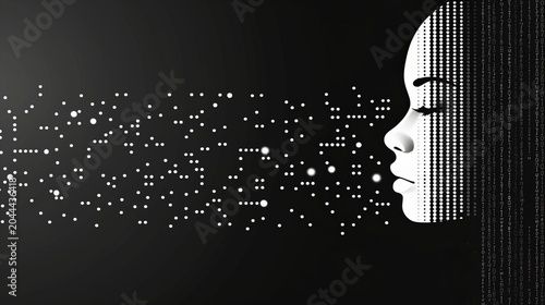 Digital fusion  a calm woman s profile in binary code and white pixels against a dark background