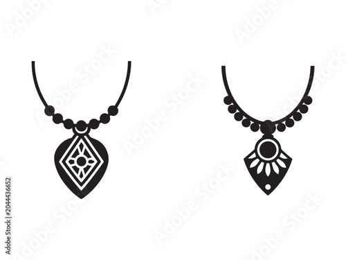 Black and white illustration of two necklaces with pendants and beads on a white background