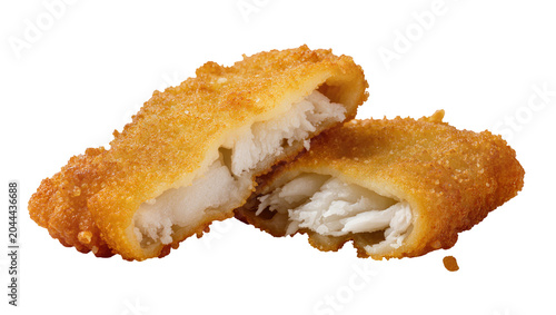 Foto Golden crispy fried fish fillet pieces with white flaky inside