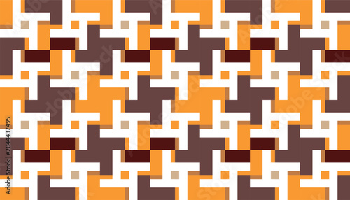Seamless geometric pattern with abstract pinwheel and square motifs in a warm, earthy color palette of orange, dark brown, and white, modern repeating design.