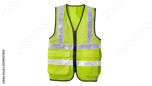 Fotografie High visibility lime green safety vest with reflective stripes and pockets