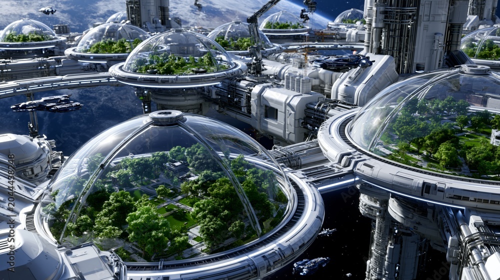 Fototapeta premium futuristic orbital space harbor above earth with luxury megastructures