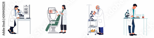 Fotografía Vector illustration set of trichology professionals and medical scientists conducting hair loss research and scalp analysis in laboratory and clinic environments