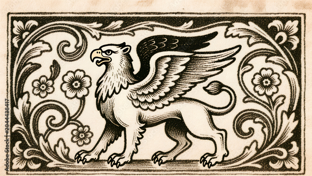 Fototapeta premium Heraldic Griffin with Floral Ornament Frame, Vintage Medieval Engraving Illustration