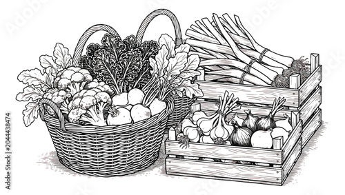 Quadro su tela Vintage woodcut vegetable harvest illustration, rustic wicker basket and wooden