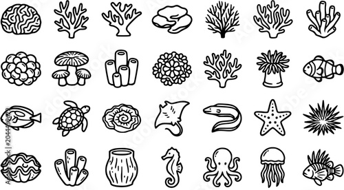 Photography Black and White Line Art Icons of Marine Life, Coral Reef, and Underwater Creatu