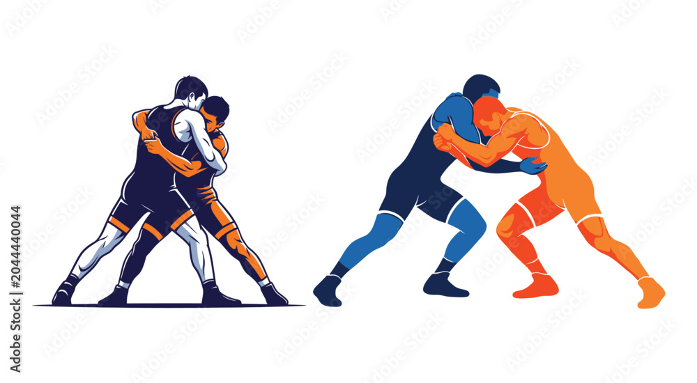 Fototapeta premium Wrestling Silhouette Set Dynamic Vector Illustration With Two Athletes wrestlers