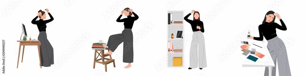 Ταπετσαρία Set of flat illustrations showing a stylish woman incorporating self-care and skincare routines into her busy professional workday environment