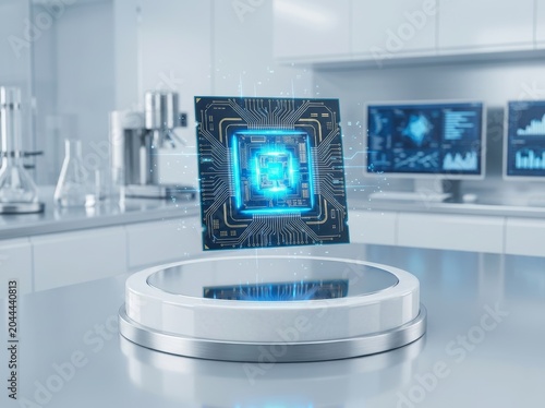 Futuristic glowing blue microchip levitating on a pedestal in a modern scientific laboratory