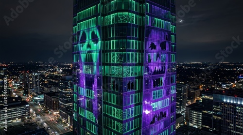 Skyscraper with Halloween skull light projection at night