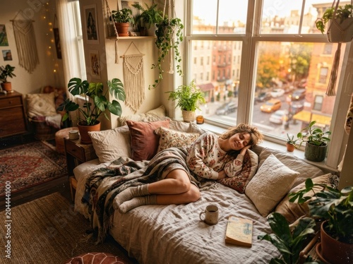 Woman relaxing on cozy bed by sunny window with plants