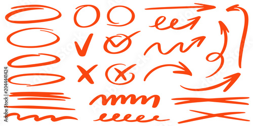 Tablou pe pânză Red highlight marker strokes with brush lines, arrows and checkmarks
