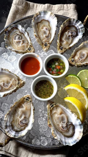 Freshly shucked oysters arranged on a decorative platter with sauces, garnishes, and lemon slices, showcasing a vibrant seafood presentation for culinary enjoyment