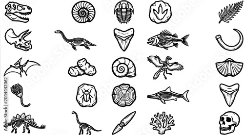 Bild auf Leinwand Black and White Line Art Icons of Dinosaur Fossils and Prehistoric Life on White