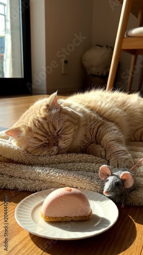 Domestic cat with golden fur peacefully sleeps on a soft rug beside a plate of pink dessert and a small toy mouse in a sunlit indoor setting