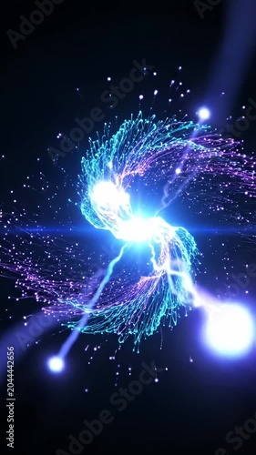Abstract spiral of glowing light particles on black background.