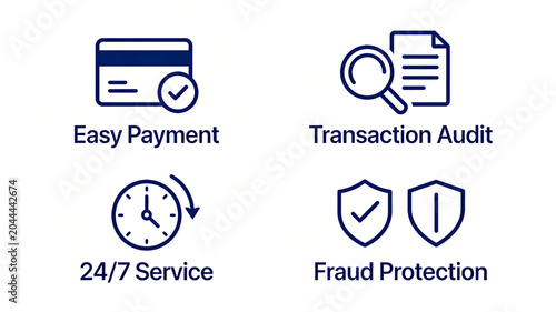 Bank cards, magnifying glasses, clocks, and dual shields represent convenient payment transaction auditing and fraud prevention, suitable for bank apps and third-party payment platforms.
