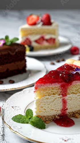 Three delicious cakes displayed on elegant plates, featuring chocolate, strawberry, and cream layers, set against a marble background with coffee beans and fresh berries