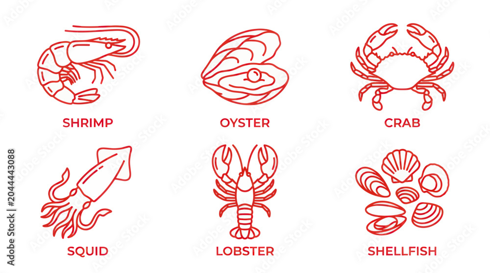 © roziah - Seafood Icons: Shrimp, Oyster, Crab, Squid, Lobster, Shellfish - Red Line Art