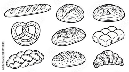 Hand-drawn Bakery Collection: Bread, Croissant, Pretzel, Bagel, Rolls