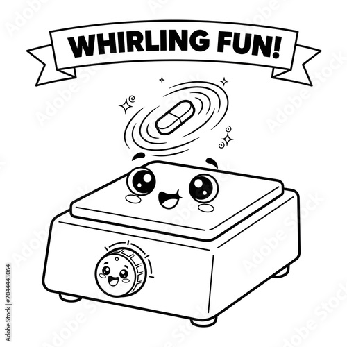 Cute magnetic stirrer mascot whirling a stir bar, science laboratory equipment cartoon outline illustration for kids coloring book.