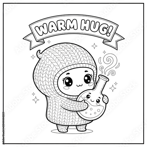 Cute heating mantle mascot giving a warm hug to a flask, science laboratory equipment cartoon outline illustration for kids coloring book.