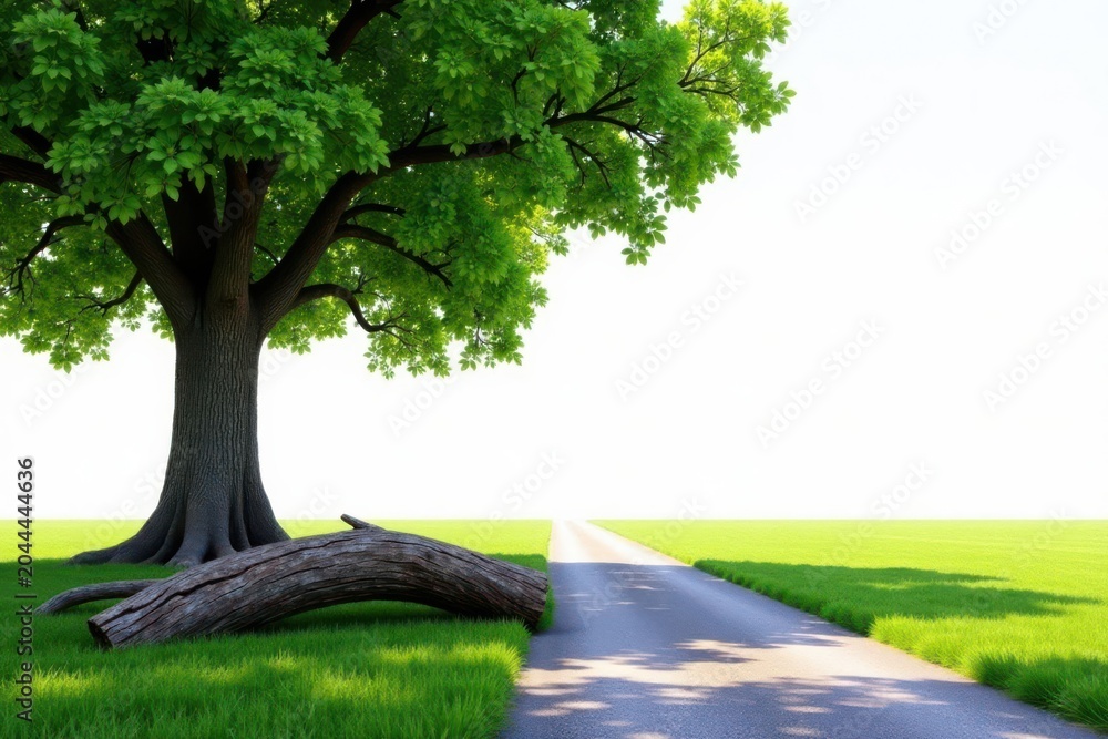 Obraz premium Serene Landscape Featuring a Majestic Tree and a Winding Road Through Lush Green Fields