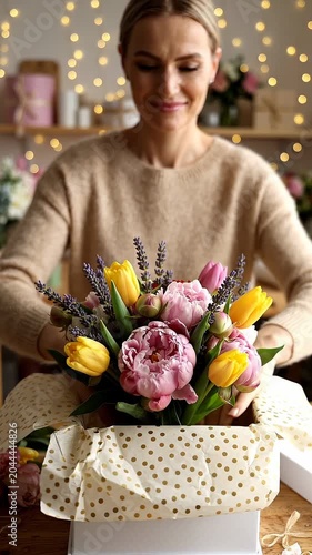 Female florist arranges colorful bouquet of tulips and peonies inside a decorative gift box with gold polka dots, warm lighting and floral decorations in the background