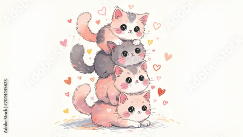 Cute kawaii kitten tower illustration four chubby cats stacked on top of each other
