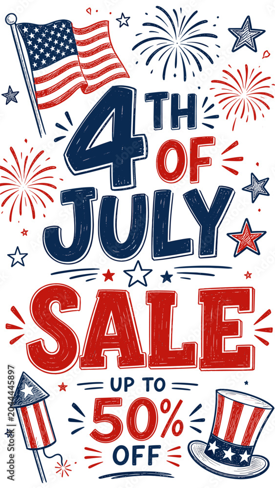 Obraz premium Fourth of July Sale Up to 50% Off with American Flag and Fireworks