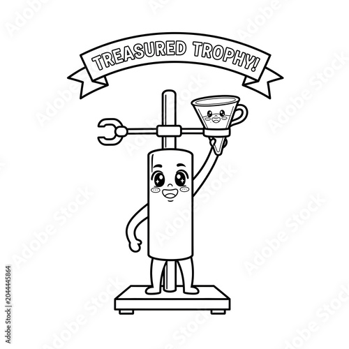 Cute separatory funnel stand mascot, science laboratory equipment cartoon outline illustration for kids coloring book.