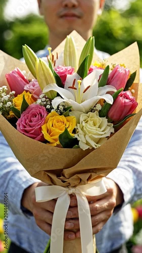 Man holding a vibrant bouquet of mixed flowers including roses, lilies, and tulips, presented in brown paper wrapping with a ribbon, outdoors in a garden setting