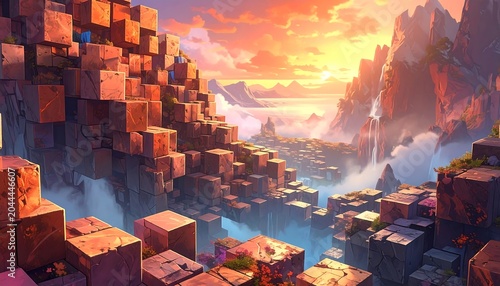 A vibrant, fantastical landscape with a river flowing through a valley surrounded by mountains and scattered orange blocks
